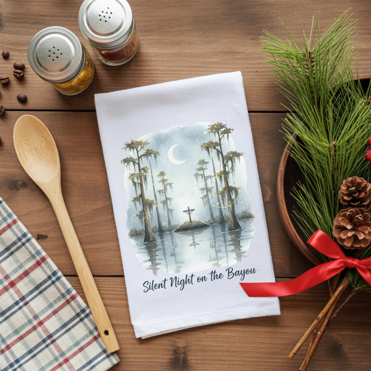 Silent Night Bayou Scene Hand Towel, Cajun Christmas Decor