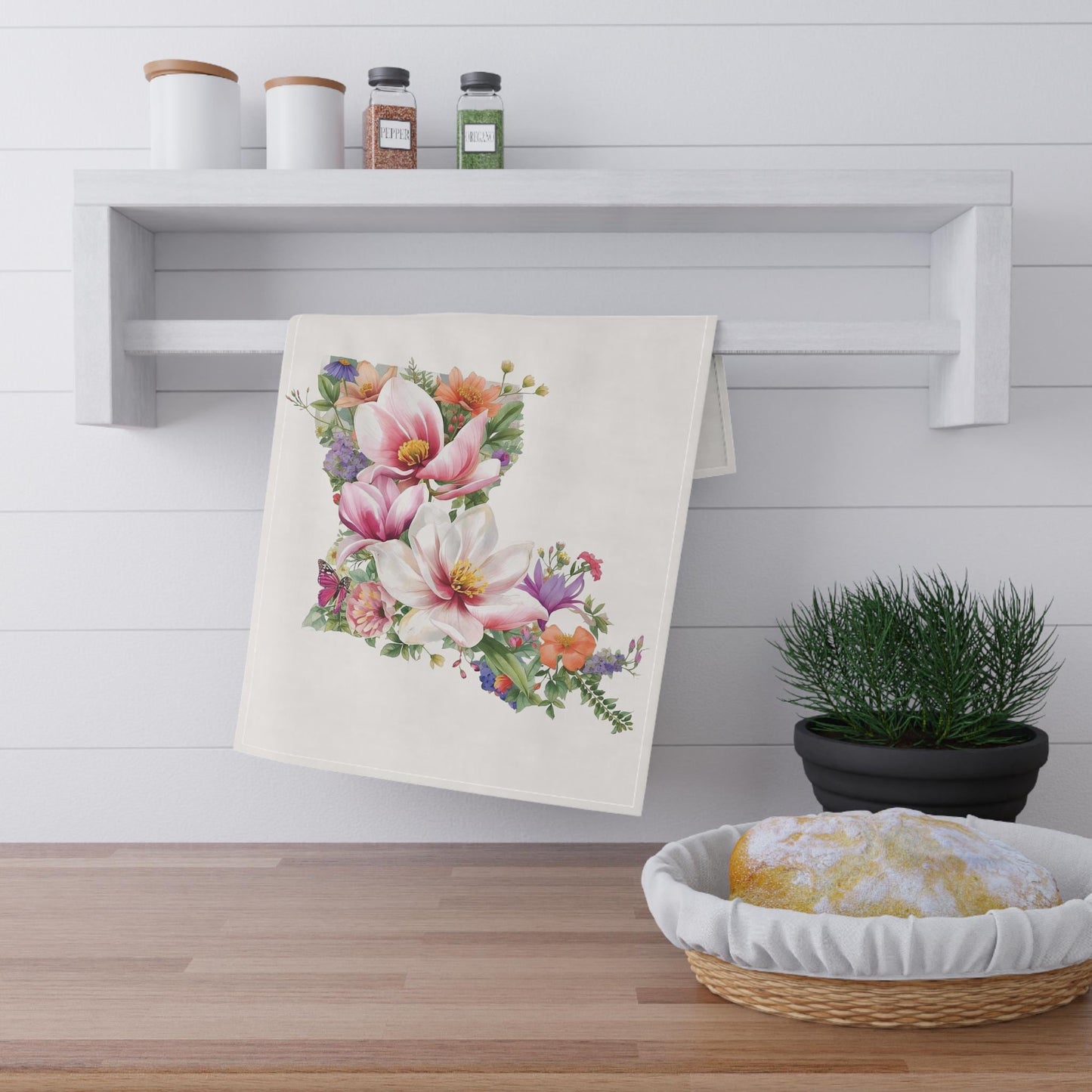 Floral Louisiana Magnolia Kitchen Towel, LA State Map