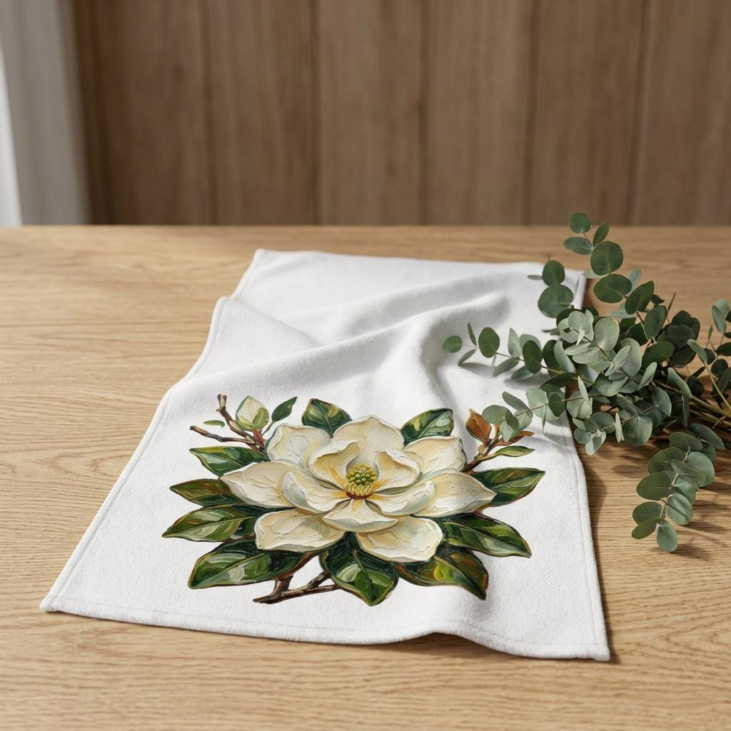 White Magnolia Hand Towel, Botanical Kitchen, Magnolia Bathroom Accent Towel, Louisiana Magnolia Kitchen Towel, Louisiana State Flower
