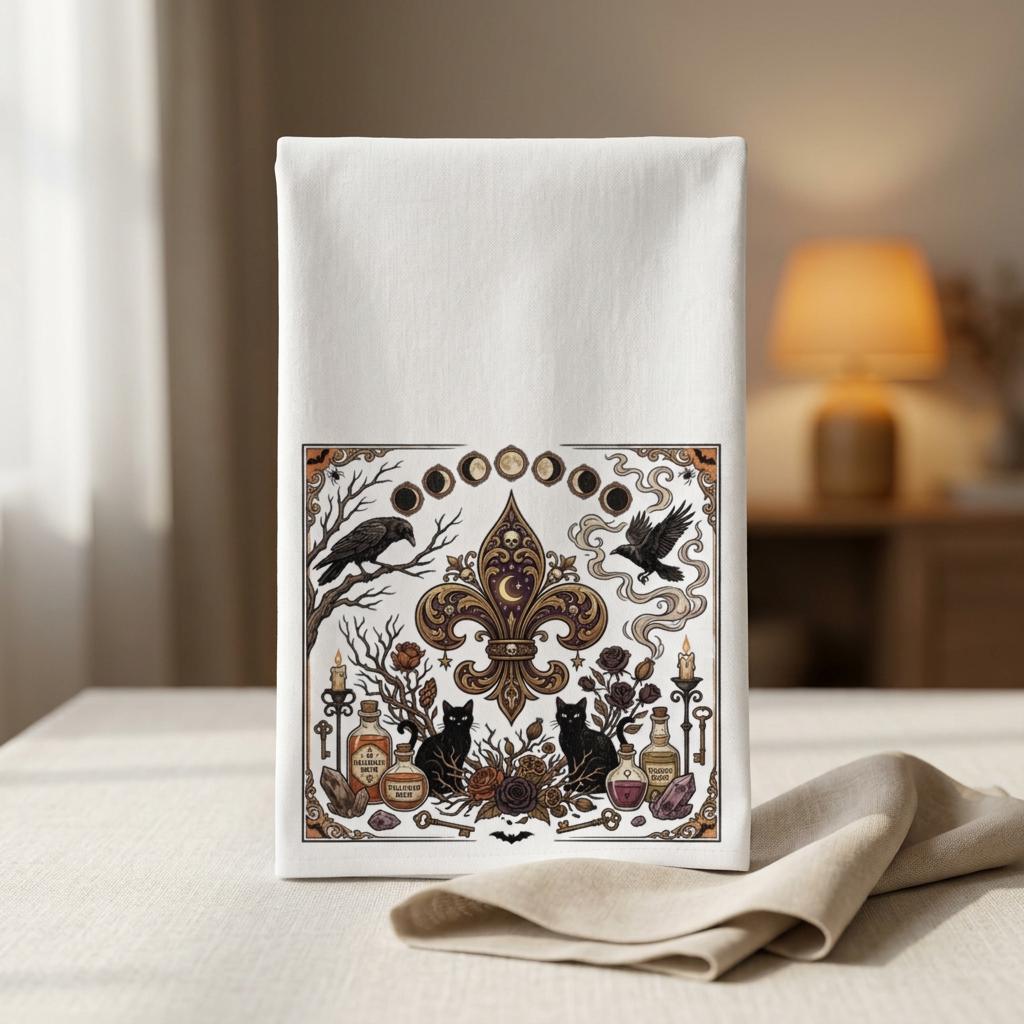Victorian Fleur-de-Lis Occult Hand Towel, Crow, Moon Phases, Potion Vials, Halloween Decor Towel, Kitchen Decor, New Orleans Style Towel
