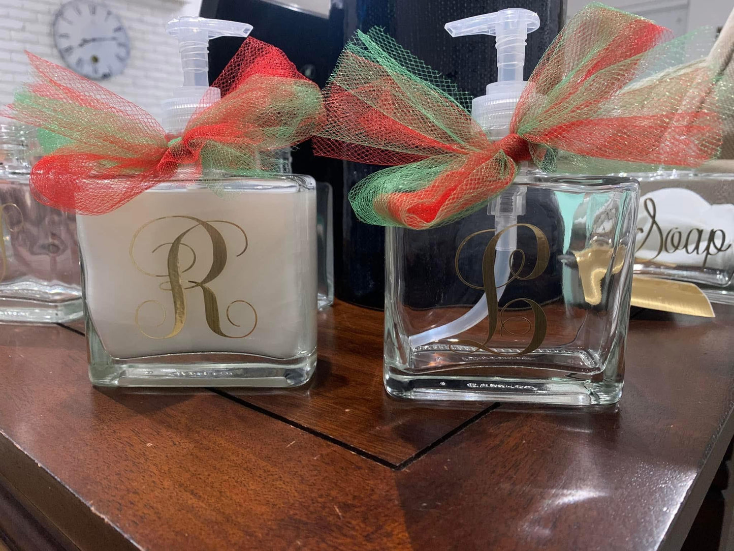 Personalized Initial Glass Soap Dispenser: Christmas Gift with Ribbon