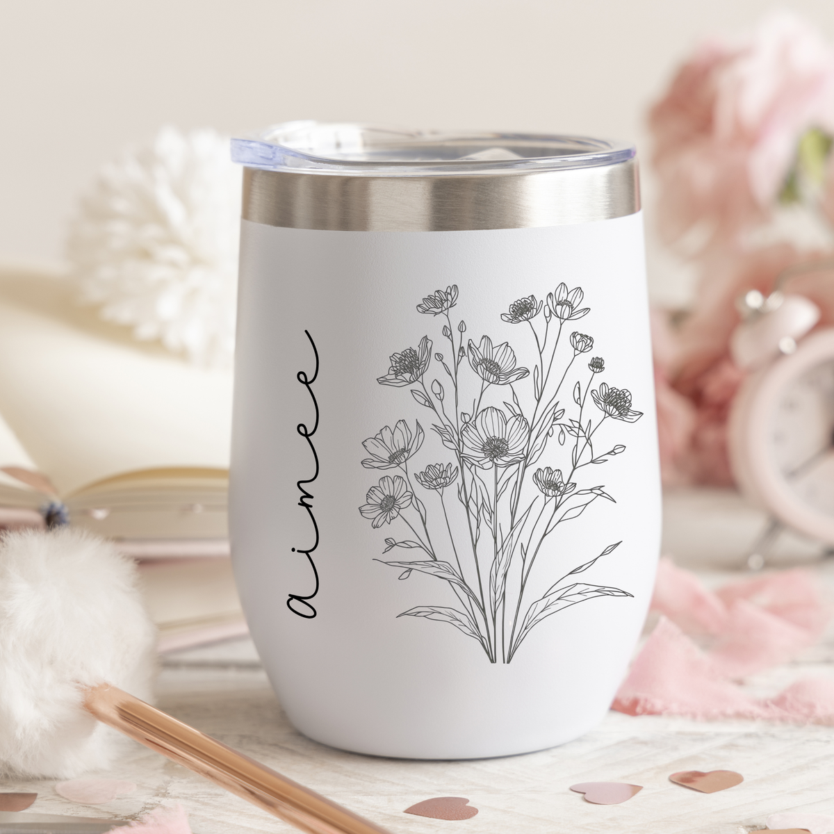 Personalized Wine Tumbler with Widlflowers, Laser Engraved