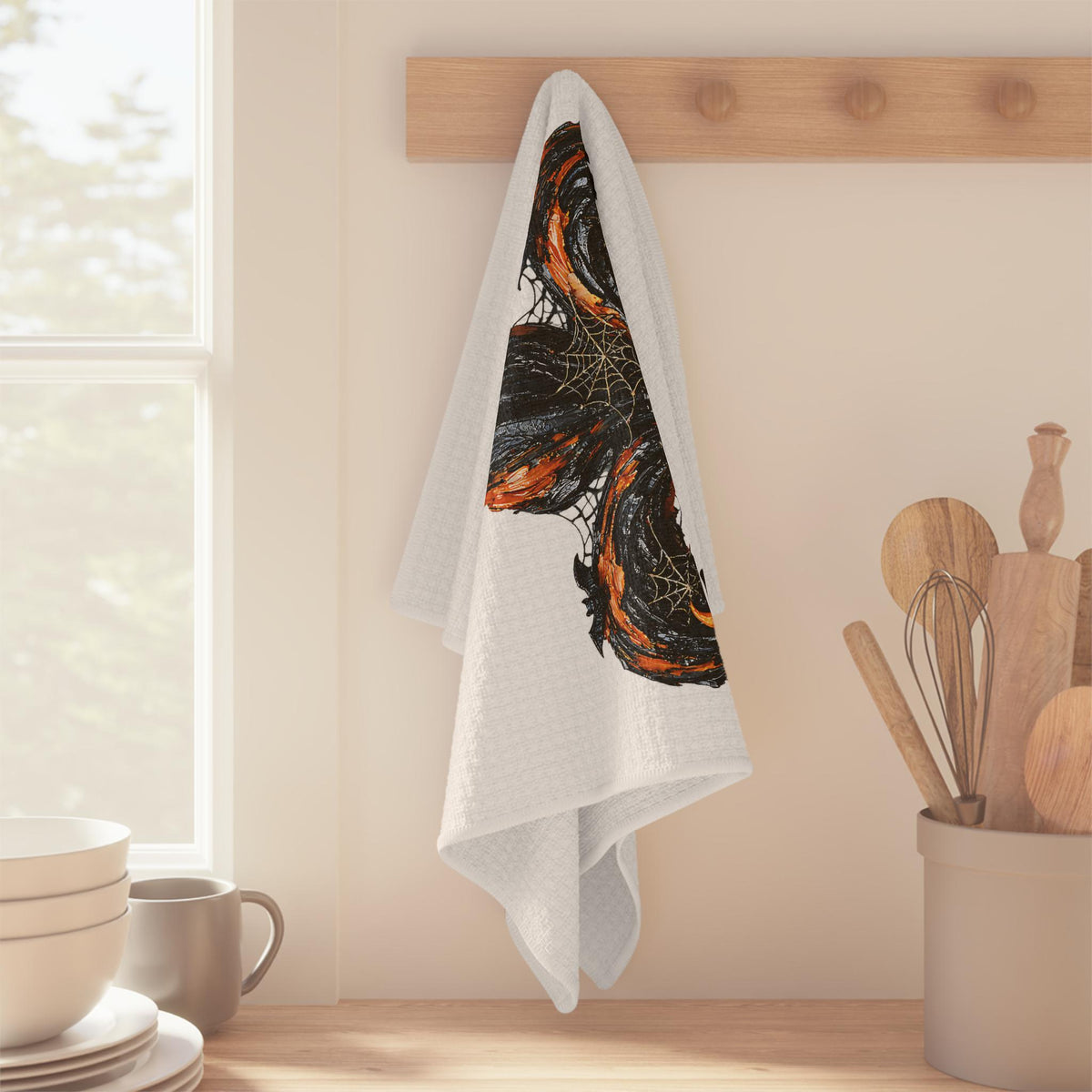 Custom Name Halloween Floral Fleur-de-Lis Tea Towel, Personalized Name Towel, Impasto Kitchen Towel, Halloween Decor, New Orleans Towel