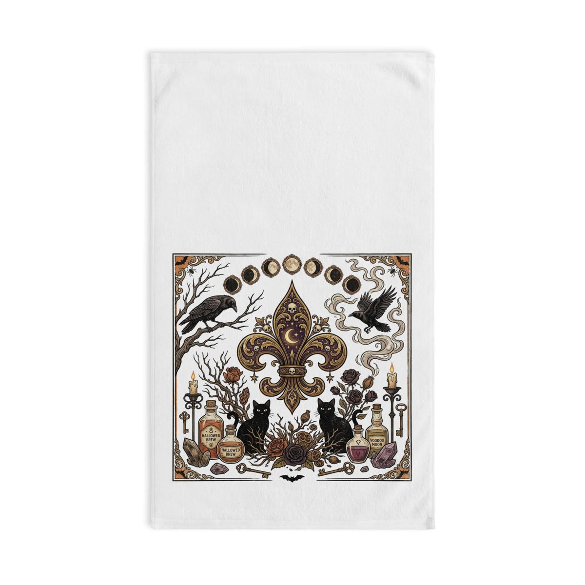 Victorian Fleur-de-Lis Occult Hand Towel, Crow, Moon Phases, Potion Vials, Halloween Decor Towel, Kitchen Decor, New Orleans Style Towel