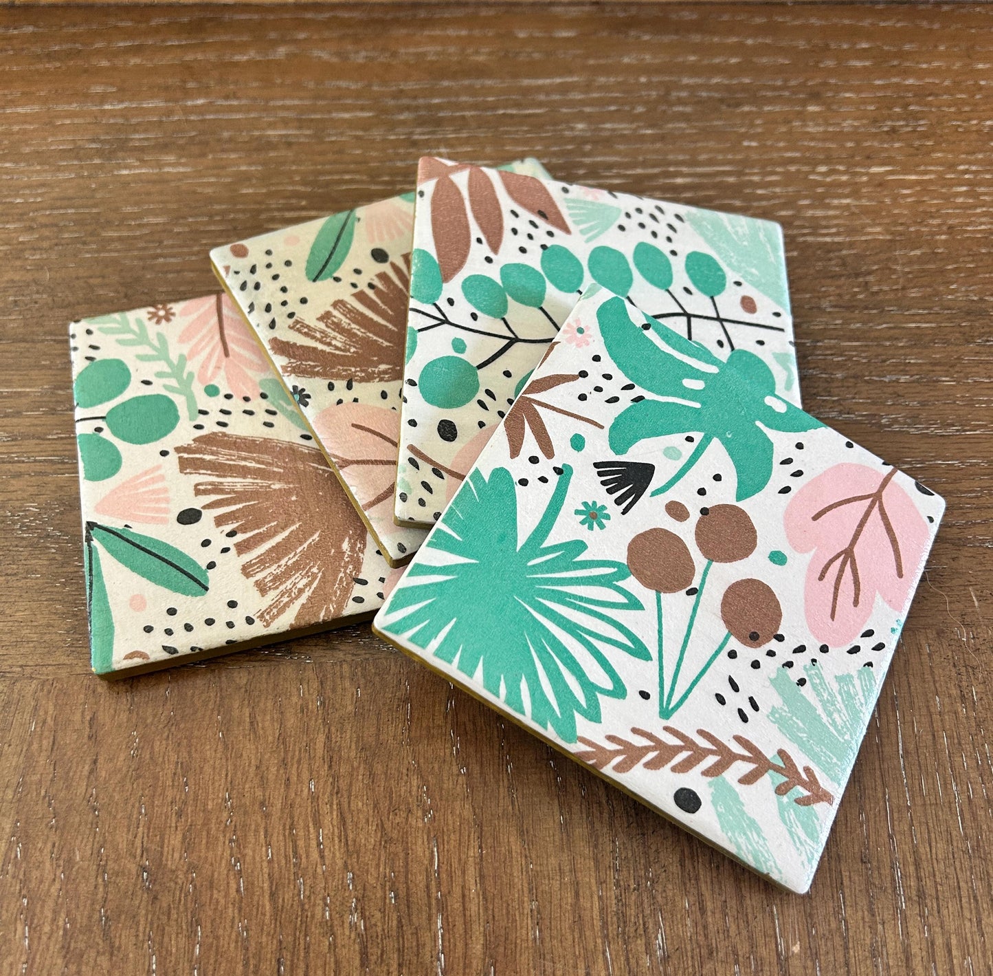 Floral Decoupage Coasters: Modern Ceramic Coasters with Cork Bottom, Set of 4