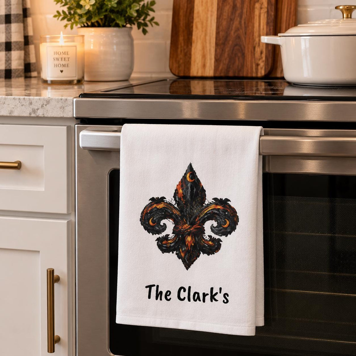 Custom Name Halloween Floral Fleur-de-Lis Tea Towel, Personalized Name Towel, Impasto Kitchen Towel, Halloween Decor, New Orleans Towel