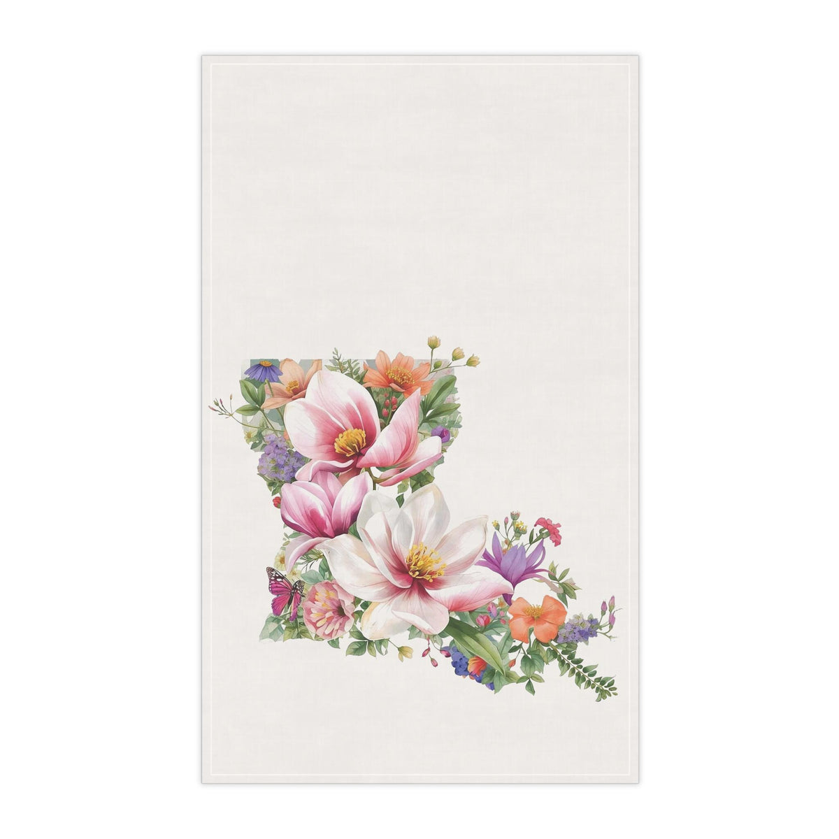 Floral Louisiana Magnolia Kitchen Towel, LA State Map