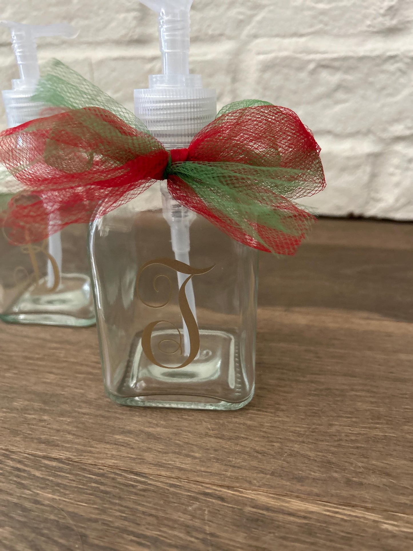Personalized Initial Glass Soap Dispenser: Christmas Gift with Ribbon