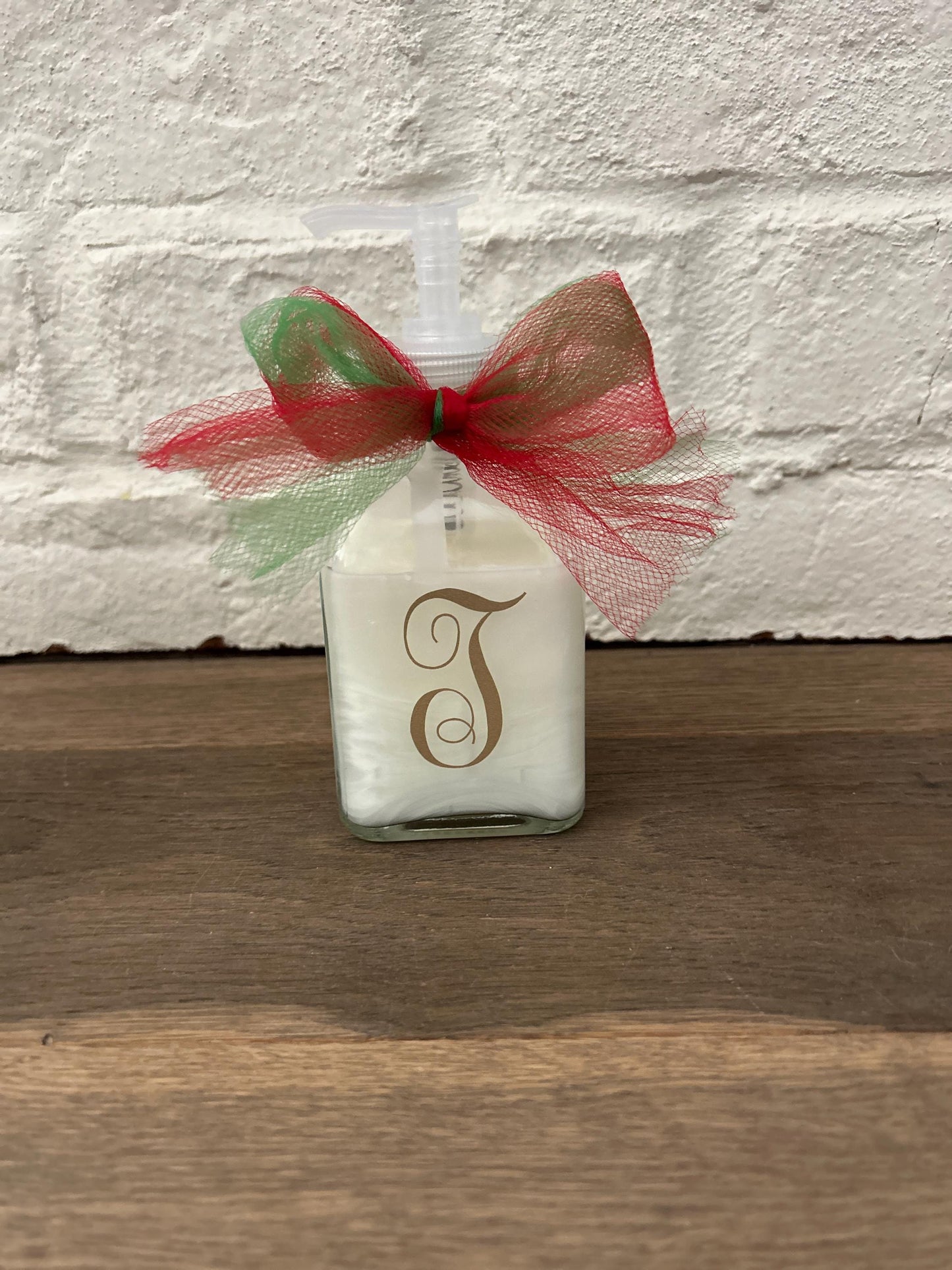 Personalized Initial Glass Soap Dispenser: Christmas Gift with Ribbon