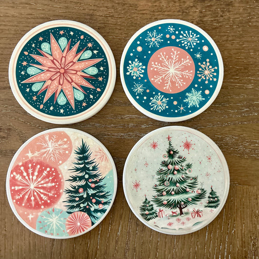 Handmade Ceramic Christmas Coaster Set, Holiday Home Decor, Pink and Teal Coasters, Coasters,  Set of Four coasters, Christmas Decor