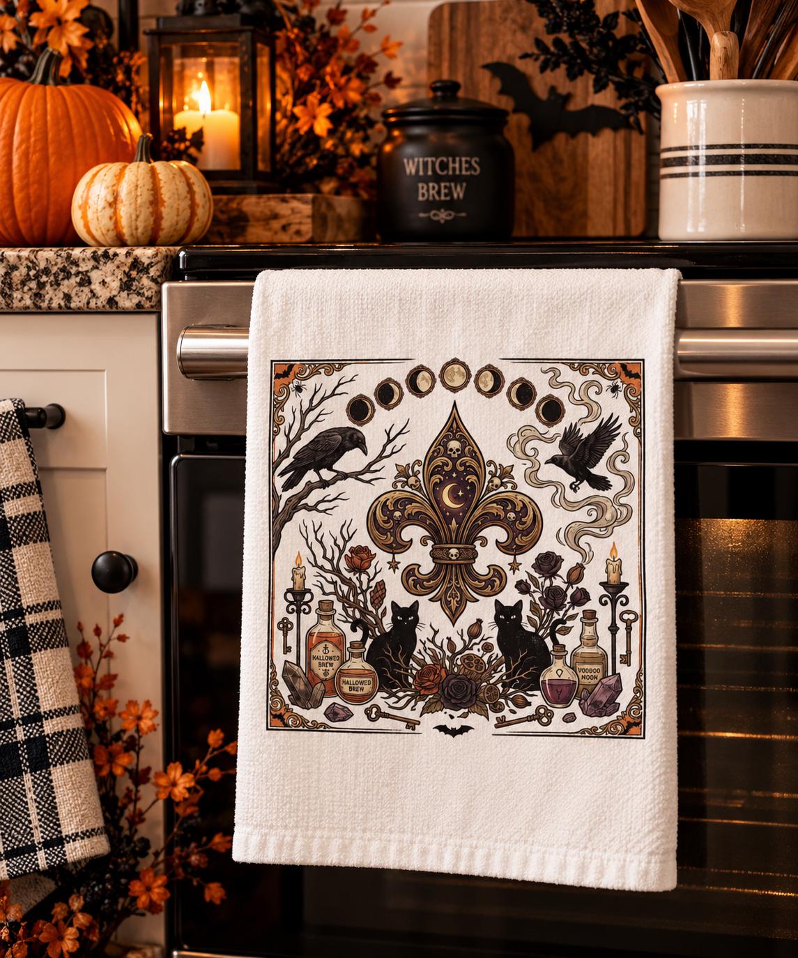 Victorian Fleur-de-Lis Occult Hand Towel, Crow, Moon Phases, Potion Vials, Halloween Decor Towel, Kitchen Decor, New Orleans Style Towel