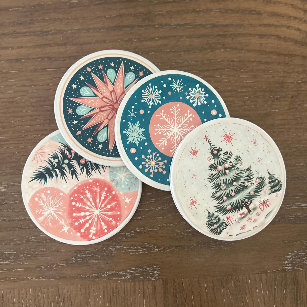 Handmade Ceramic Christmas Coaster Set, Holiday Home Decor, Pink and Teal Coasters, Coasters,  Set of Four coasters, Christmas Decor