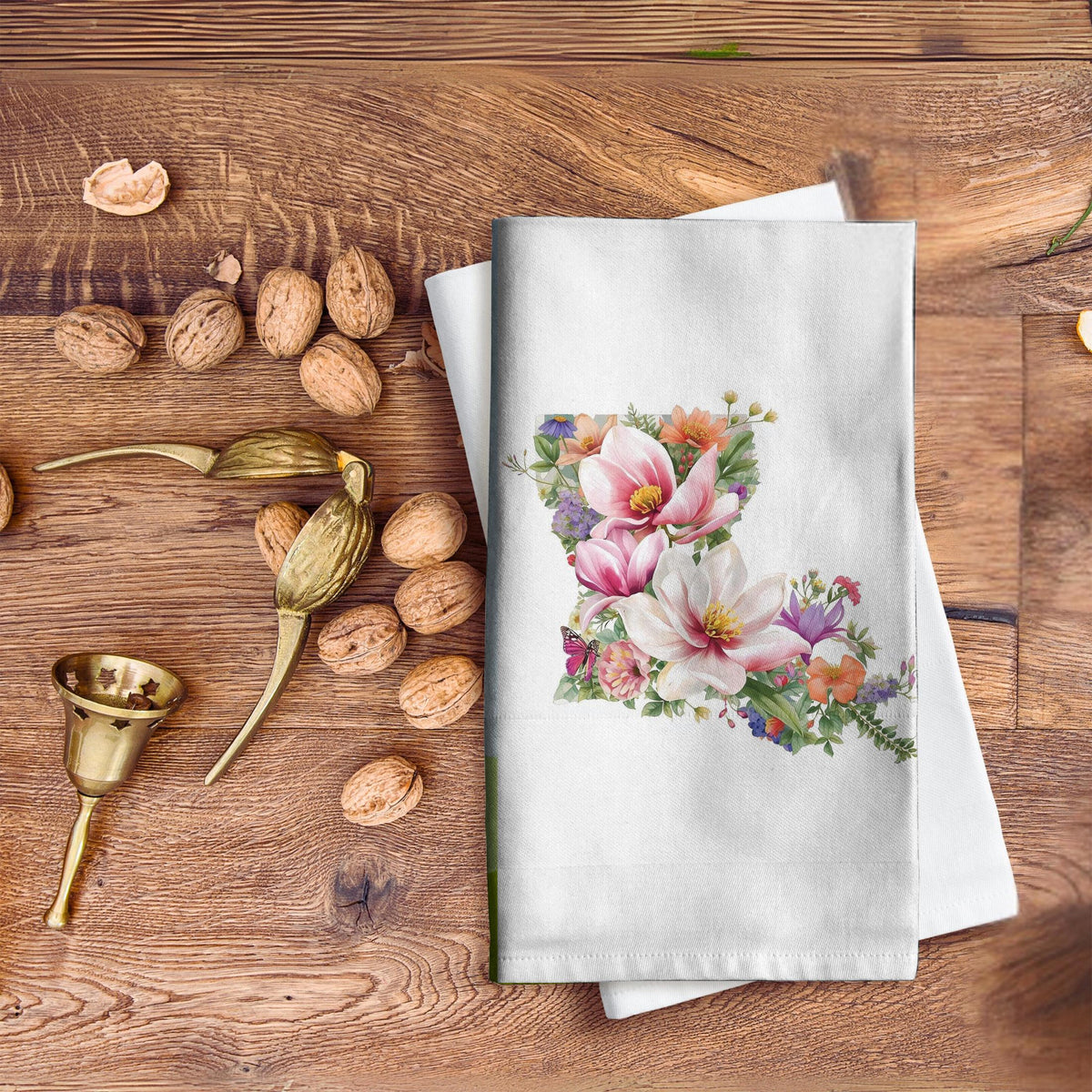 Floral Louisiana Magnolia Kitchen Towel, LA State Map