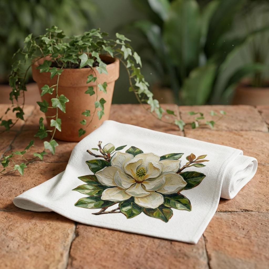 White Magnolia Hand Towel, Botanical Kitchen, Magnolia Bathroom Accent Towel, Louisiana Magnolia Kitchen Towel, Louisiana State Flower