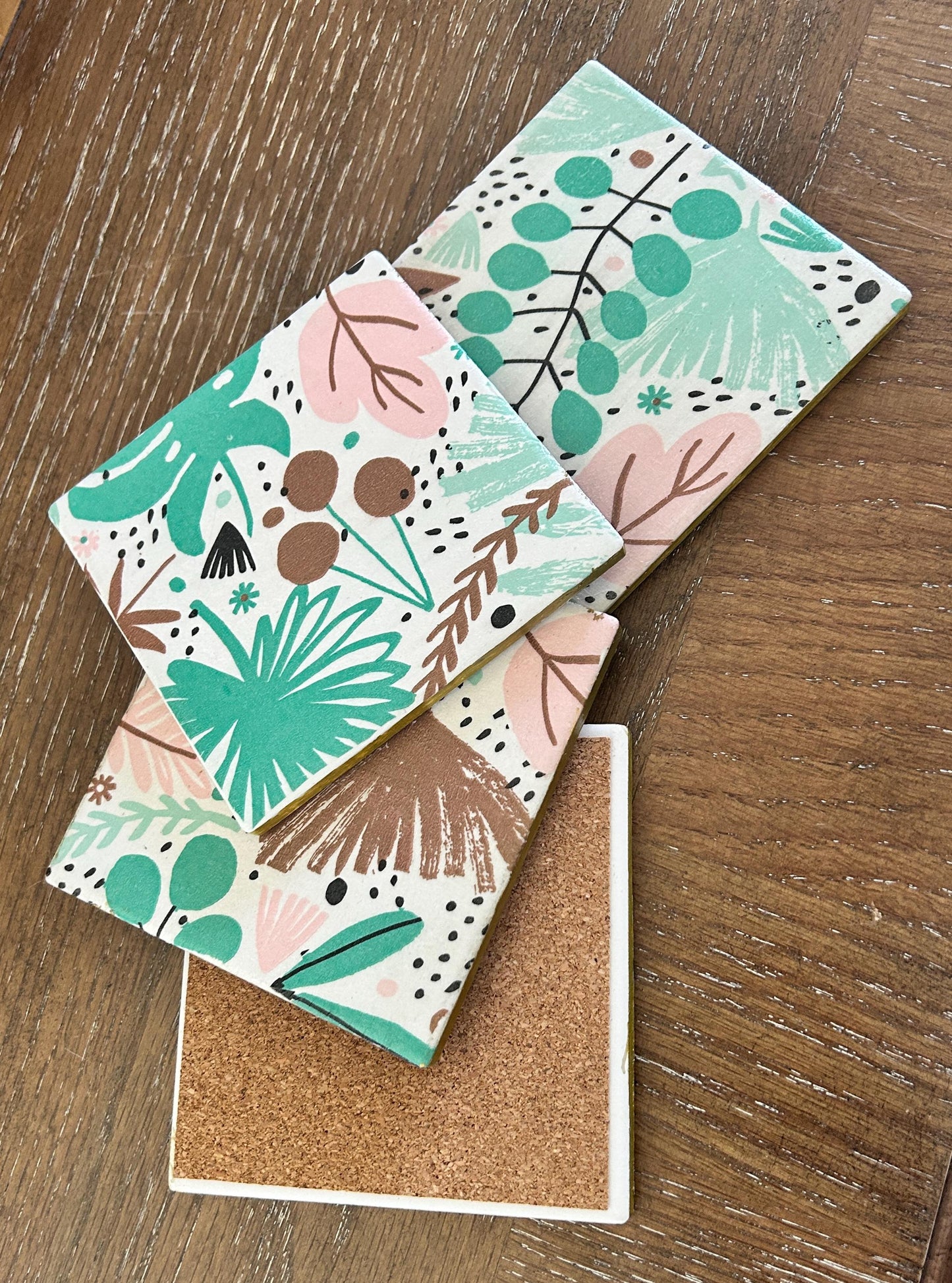 Floral Decoupage Coasters: Modern Ceramic Coasters with Cork Bottom, Set of 4
