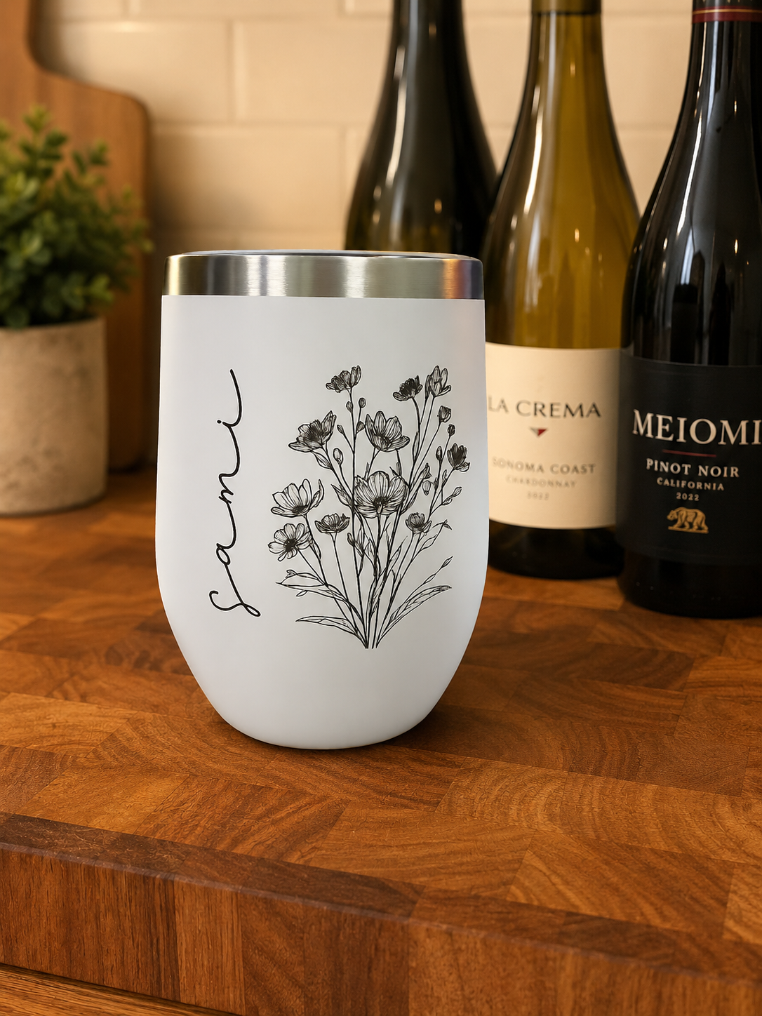 Personalized Wine Tumbler with Widlflowers, Laser Engraved