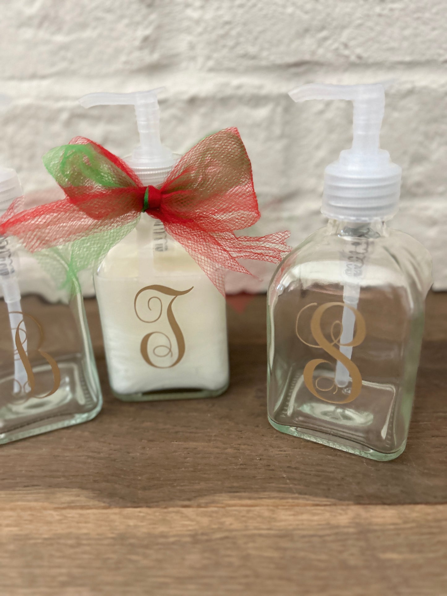 Personalized Initial Glass Soap Dispenser: Christmas Gift with Ribbon