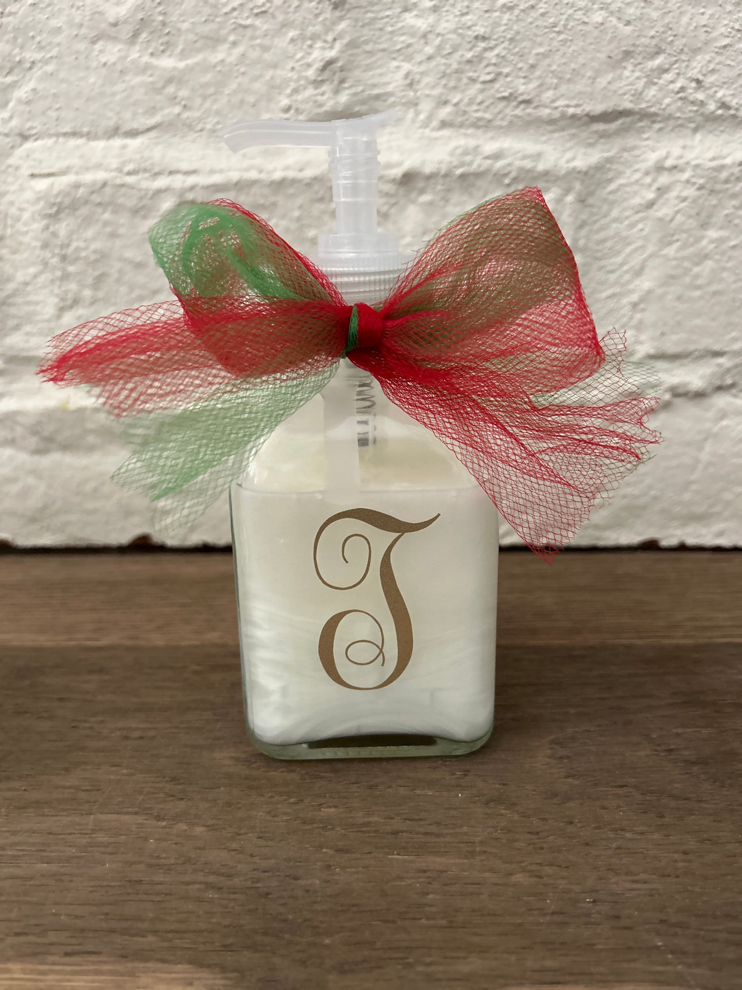 Personalized Initial Glass Soap Dispenser: Christmas Gift with Ribbon