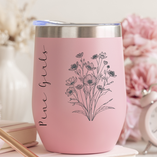 Personalized Wine Tumbler with Widlflowers, Laser Engraved
