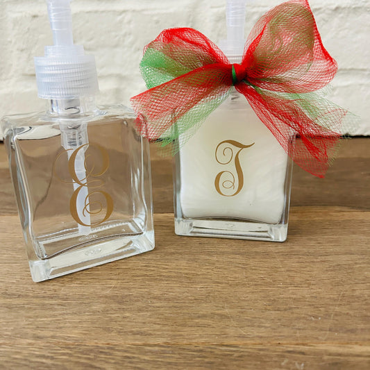 Personalized Initial Glass Soap Dispenser: Christmas Gift with Ribbon