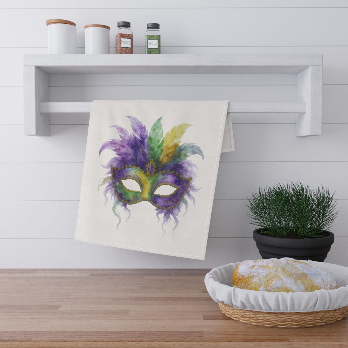 Mardi Gras Mask Kitchen Towel | Watercolor Carnival Decor