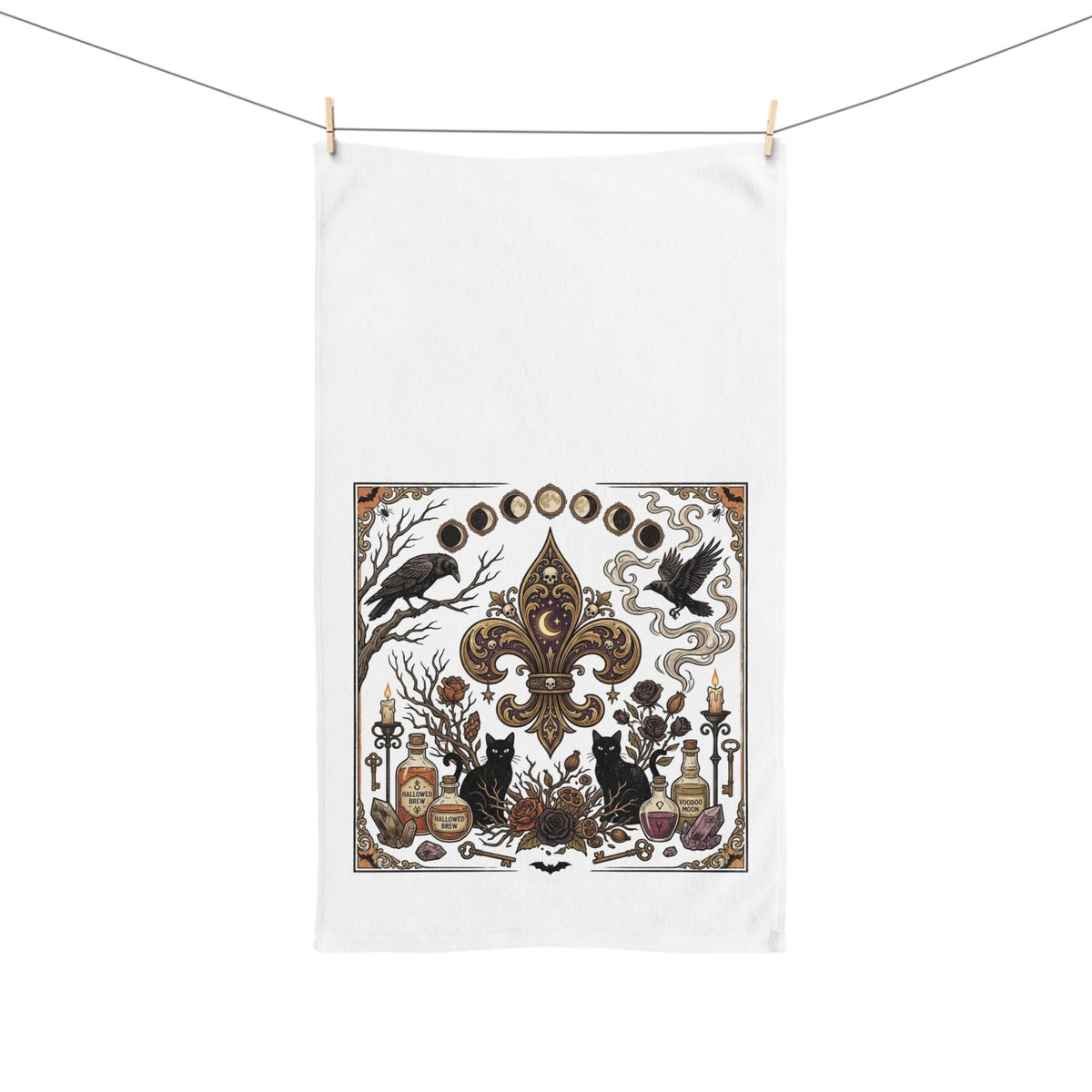 Victorian Fleur-de-Lis Occult Hand Towel, Crow, Moon Phases, Potion Vials, Halloween Decor Towel, Kitchen Decor, New Orleans Style Towel