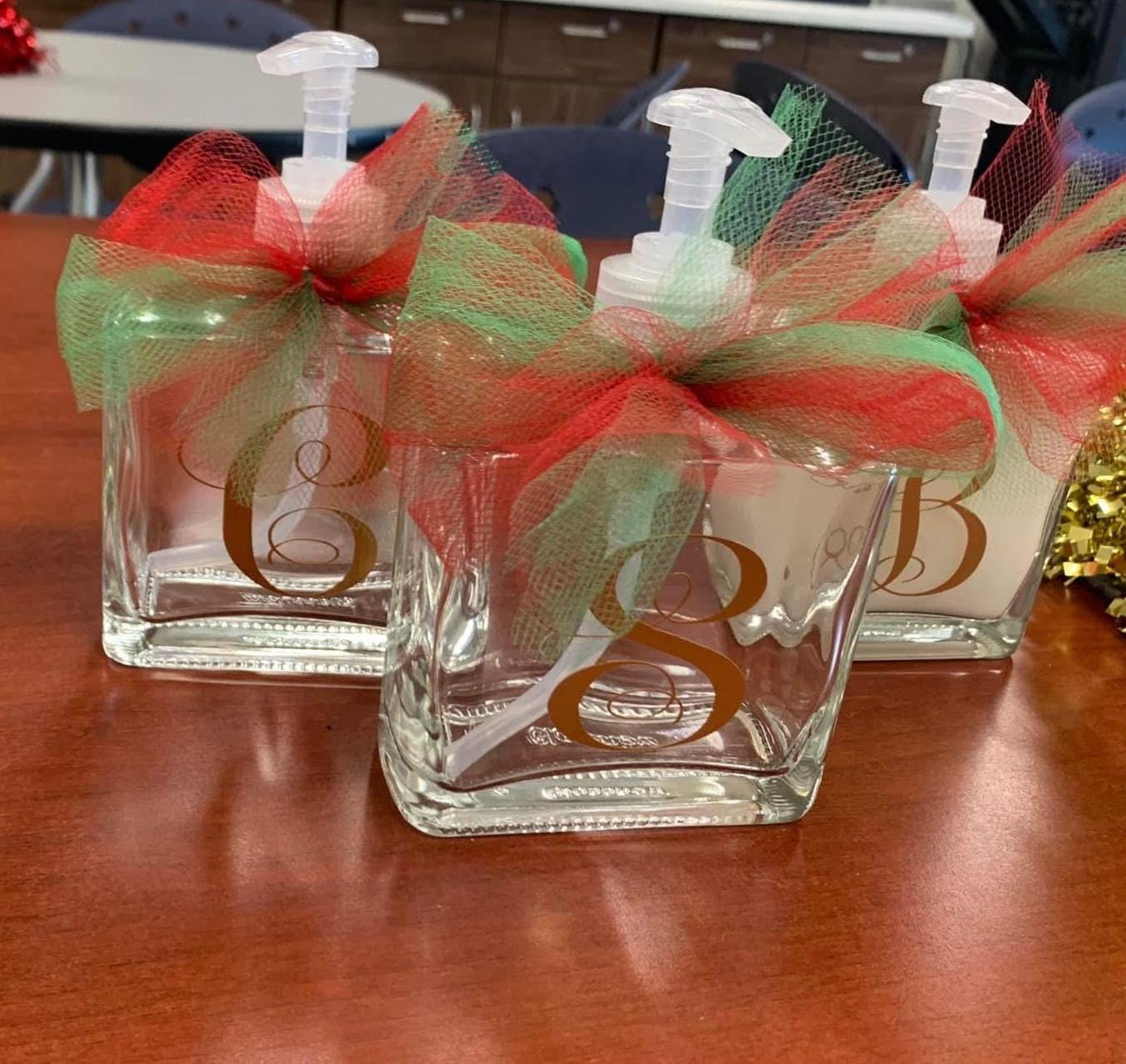 Personalized Initial Glass Soap Dispenser: Christmas Gift with Ribbon