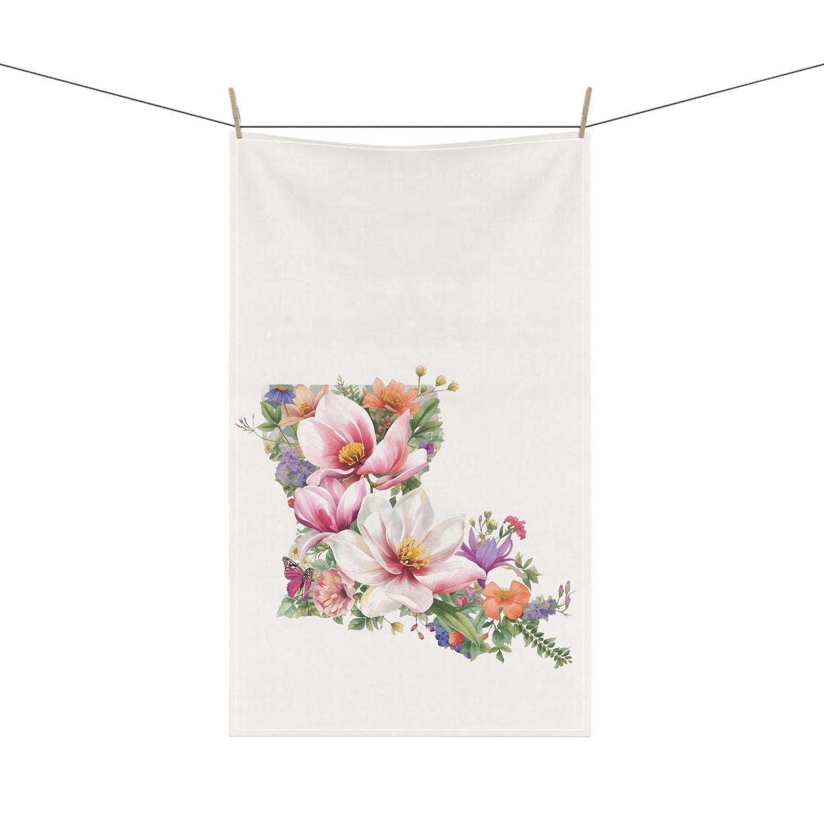 Floral Louisiana Magnolia Kitchen Towel, LA State Map