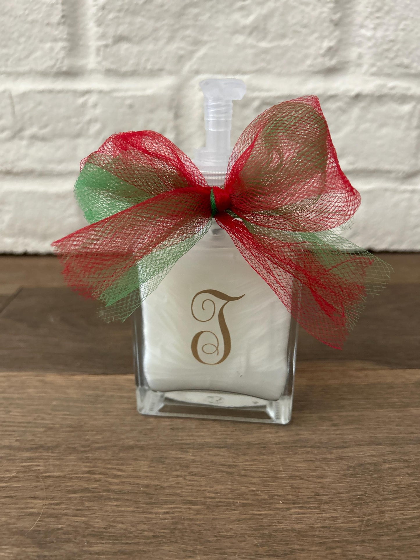Personalized Initial Glass Soap Dispenser: Christmas Gift with Ribbon