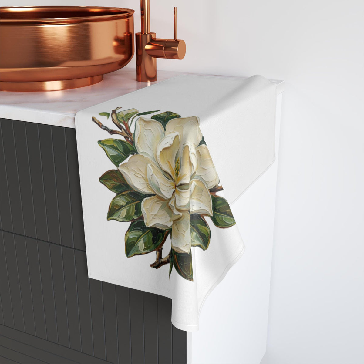 White Magnolia Hand Towel, Botanical Kitchen, Magnolia Bathroom Accent Towel, Louisiana Magnolia Kitchen Towel, Louisiana State Flower