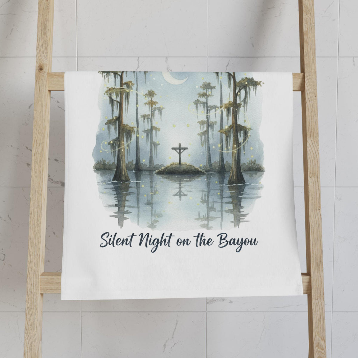 Silent Night Bayou Scene Hand Towel, Cajun Christmas Decor
