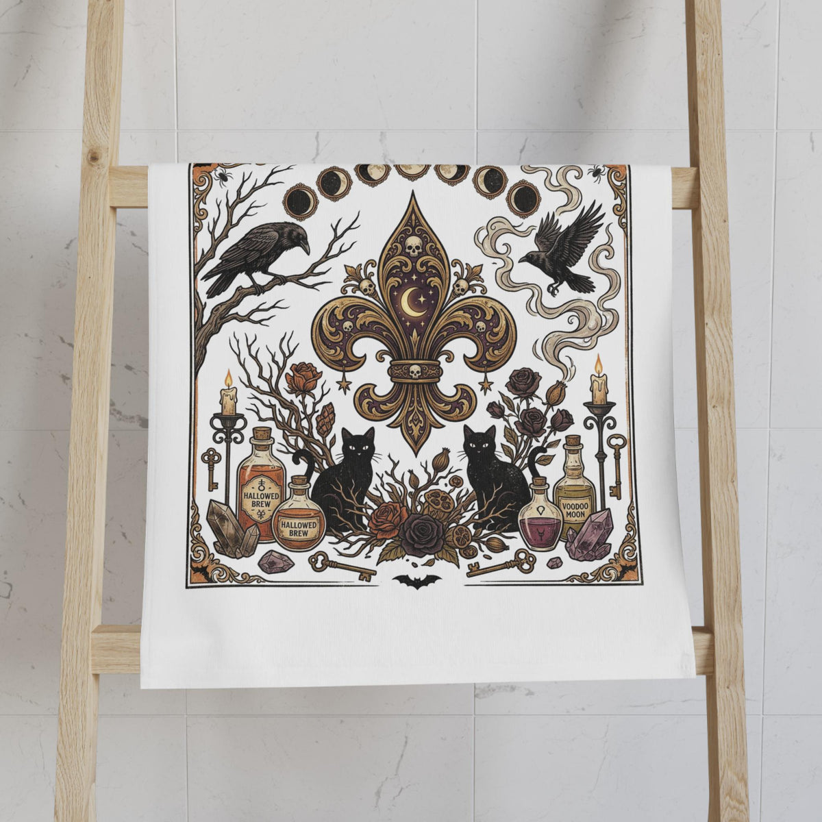 Victorian Fleur-de-Lis Occult Hand Towel, Crow, Moon Phases, Potion Vials, Halloween Decor Towel, Kitchen Decor, New Orleans Style Towel