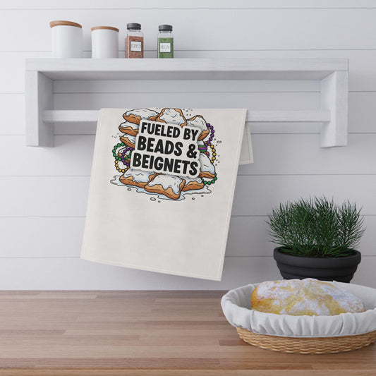 Mardi Gras Kitchen Tea Towel, Beignets and Beads