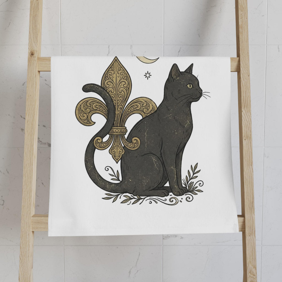 Black Cat Fleur de Lis Hand Towel, Moon and Stars Spooky towel, Kitchen Decor, Fleur De Lis Black Cat, Halloween Decor, Gifts under 25