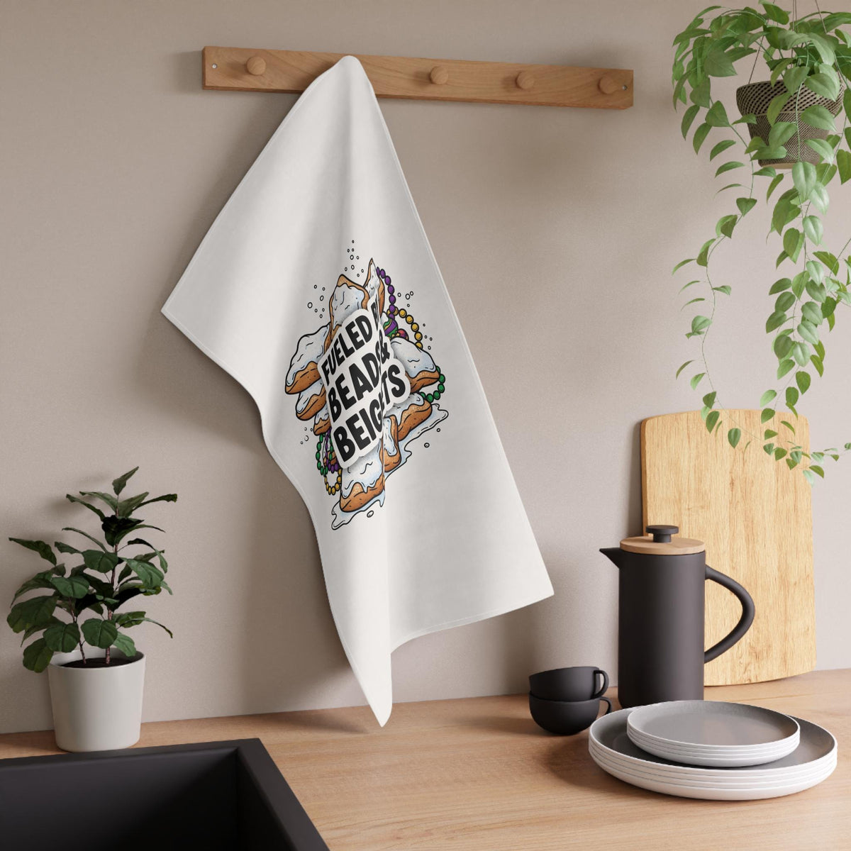 Mardi Gras Kitchen Tea Towel, Beignets and Beads