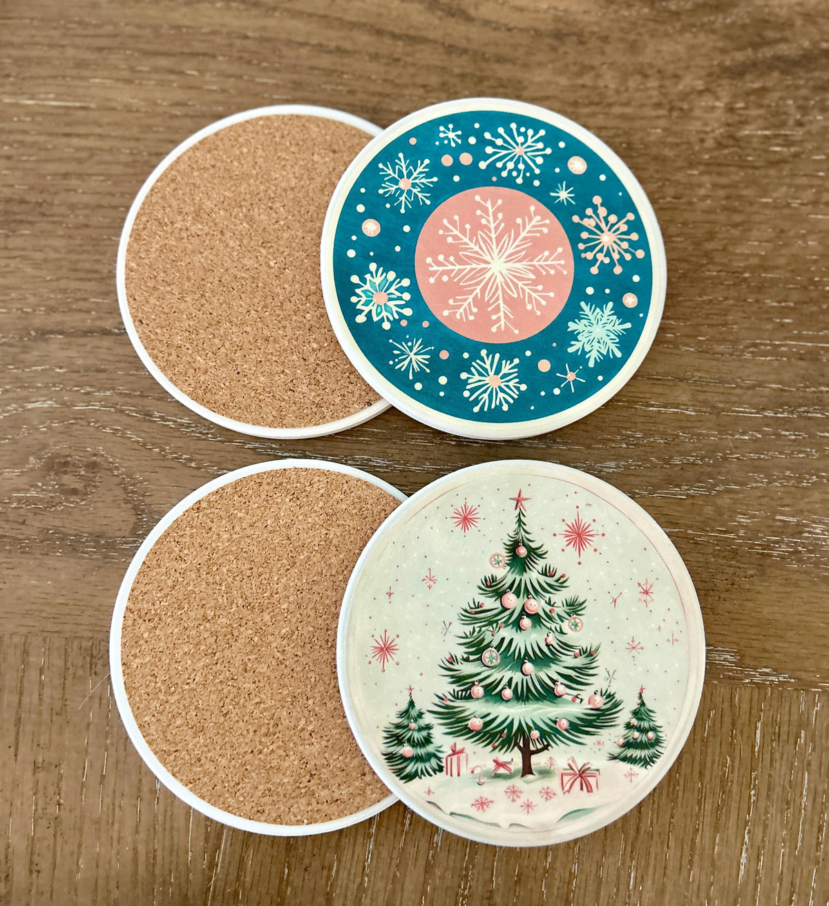 Handmade Ceramic Christmas Coaster Set, Holiday Home Decor, Pink and Teal Coasters, Coasters,  Set of Four coasters, Christmas Decor