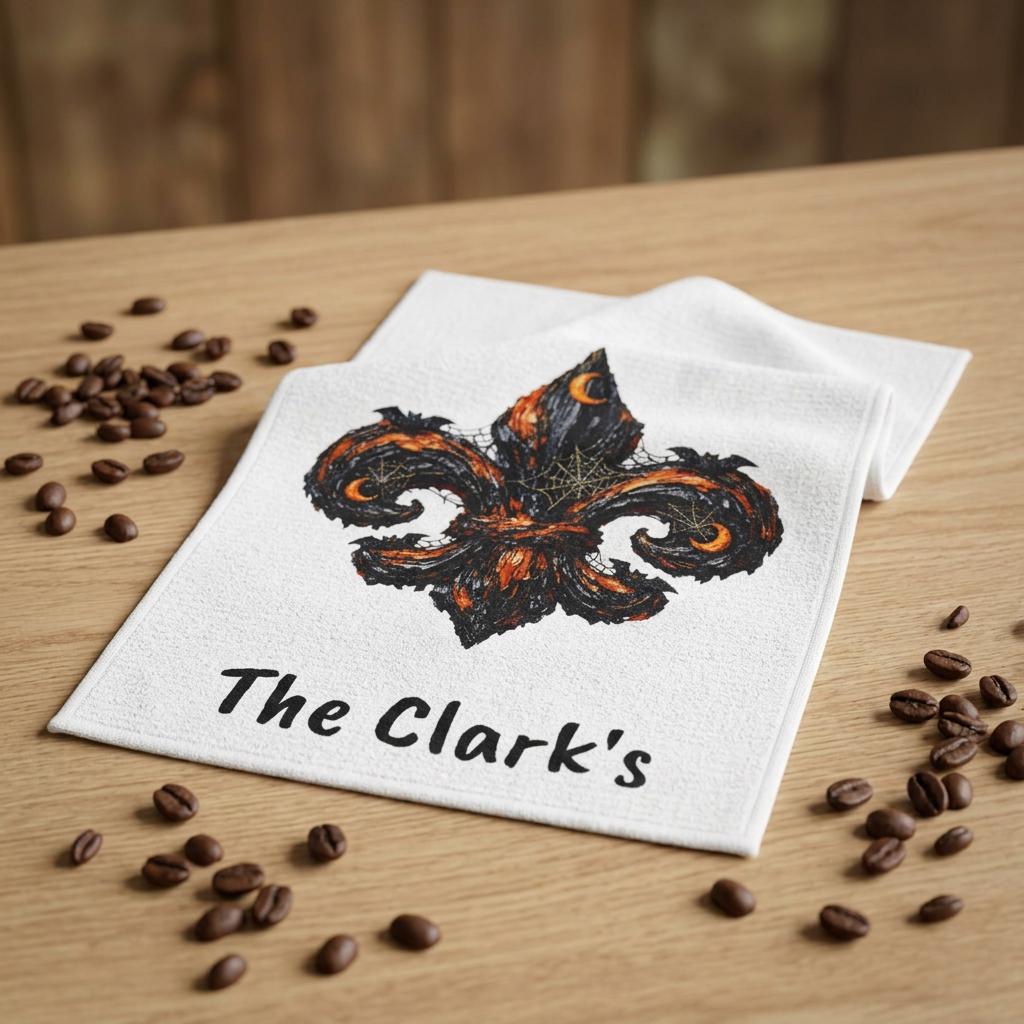 Custom Name Halloween Floral Fleur-de-Lis Tea Towel, Personalized Name Towel, Impasto Kitchen Towel, Halloween Decor, New Orleans Towel