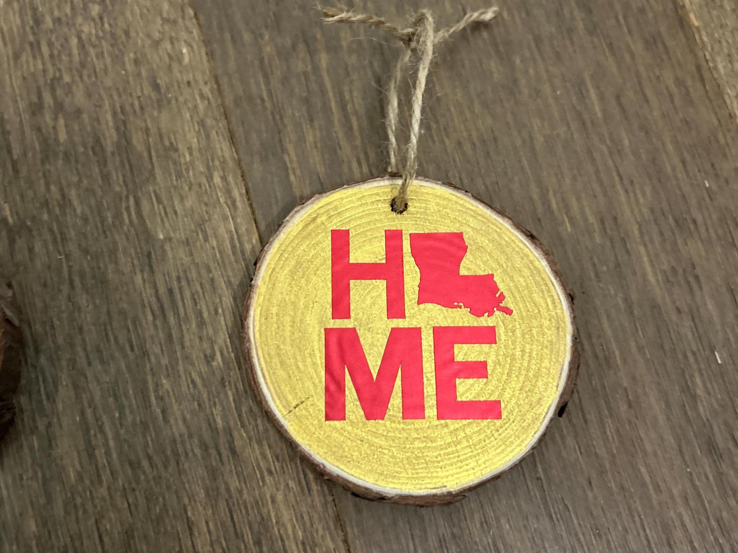 Handmade Louisiana Wood Slice Ornament: Rustic State Home Decor