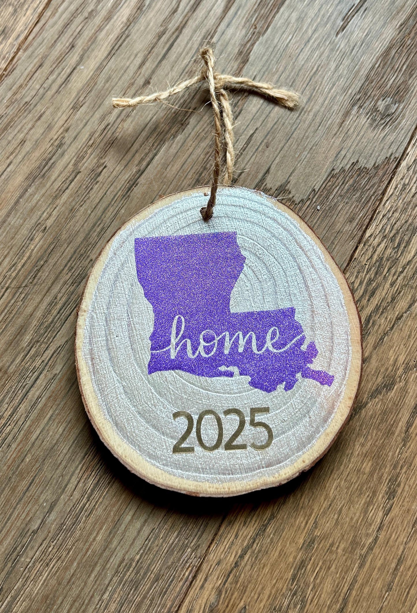 Handmade Louisiana Wood Slice Ornament: Rustic State Home Decor