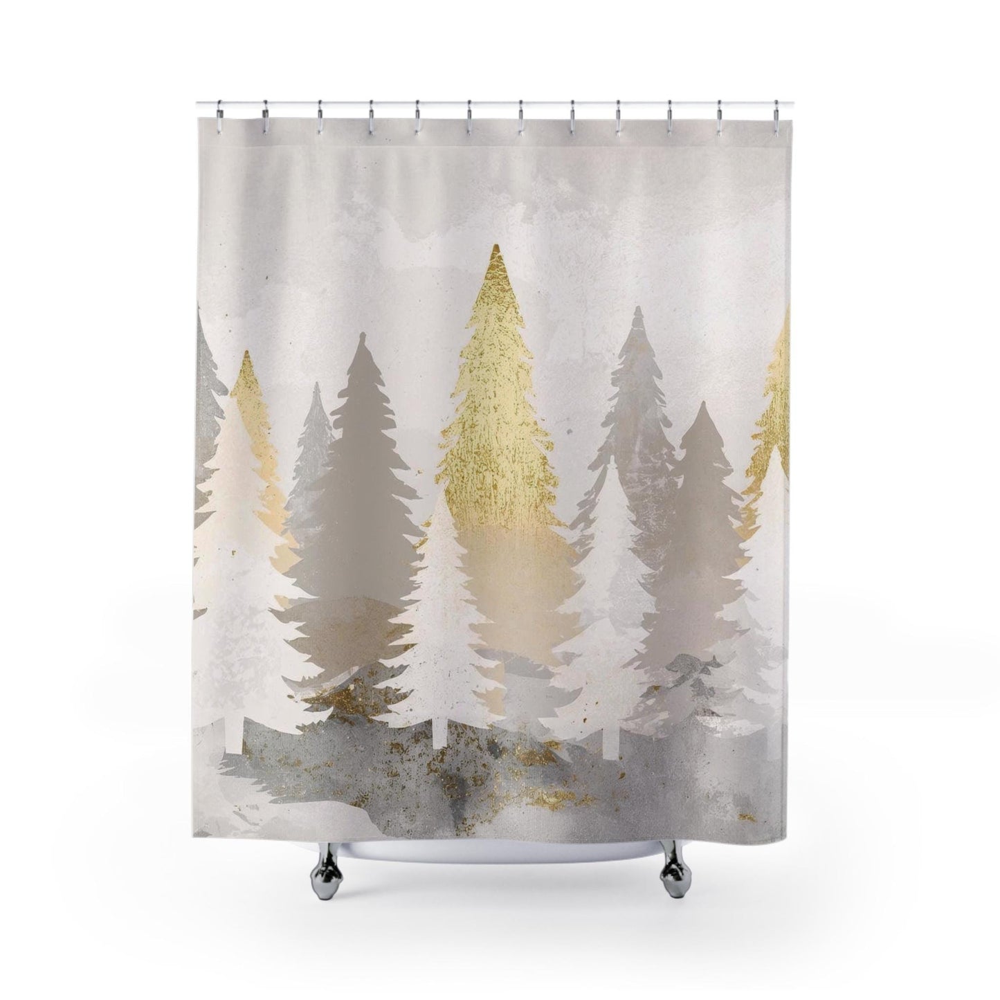 Gold & Silver Christmas Trees Shower Curtain | Winter Holiday Bathroom Decor