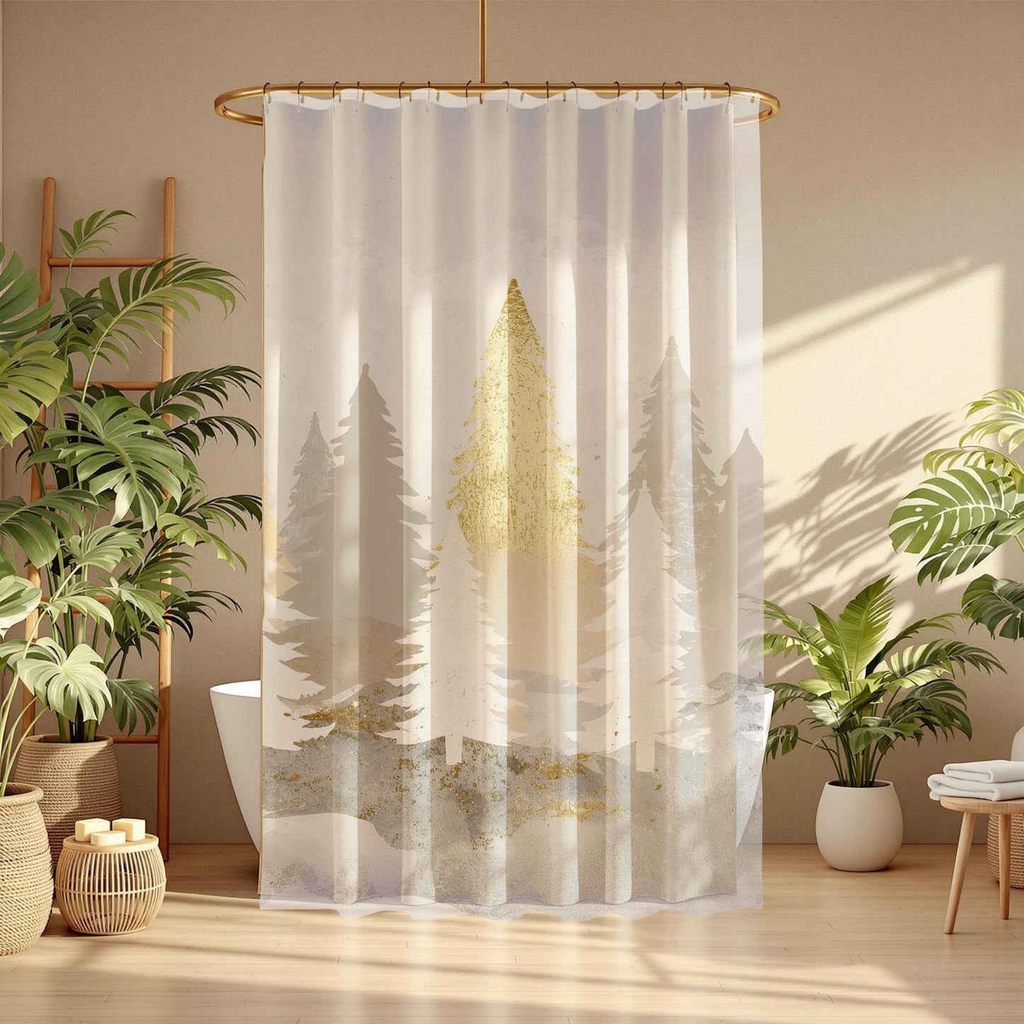 Gold & Silver Christmas Trees Shower Curtain | Winter Holiday Bathroom Decor