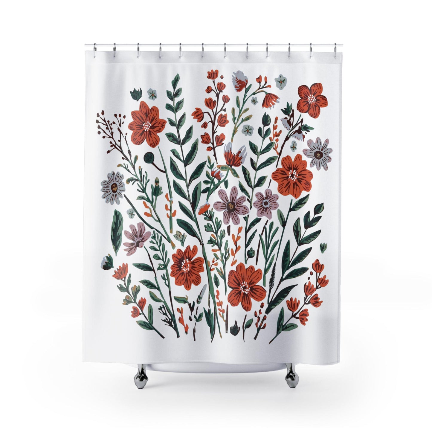 Botanical Floral Shower Curtain, Linocut Flower Designs