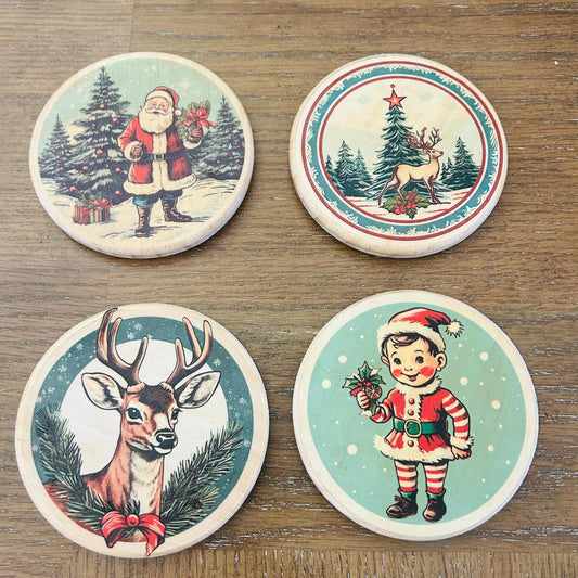 Handmade Vintage Christmas Coasters: Wood Holiday Decor, Set of 4