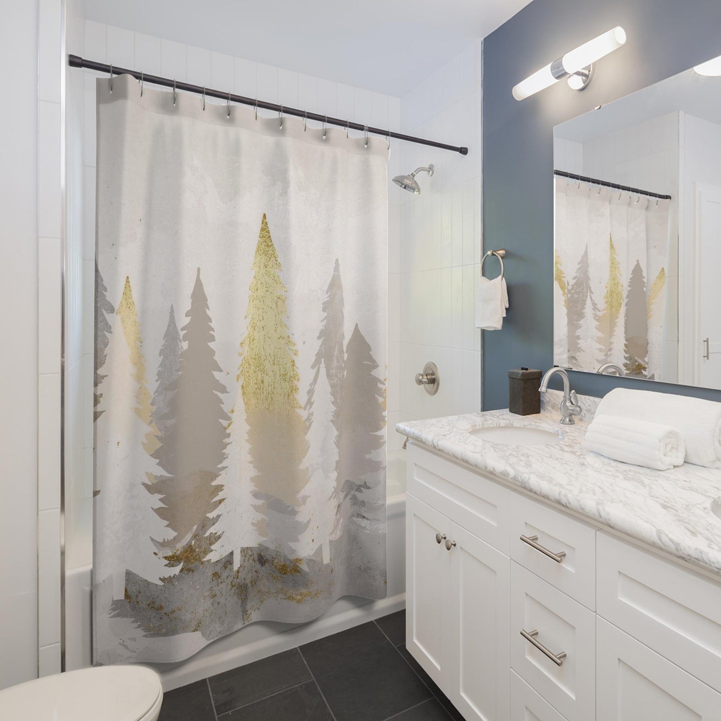 Gold & Silver Christmas Trees Shower Curtain | Winter Holiday Bathroom Decor