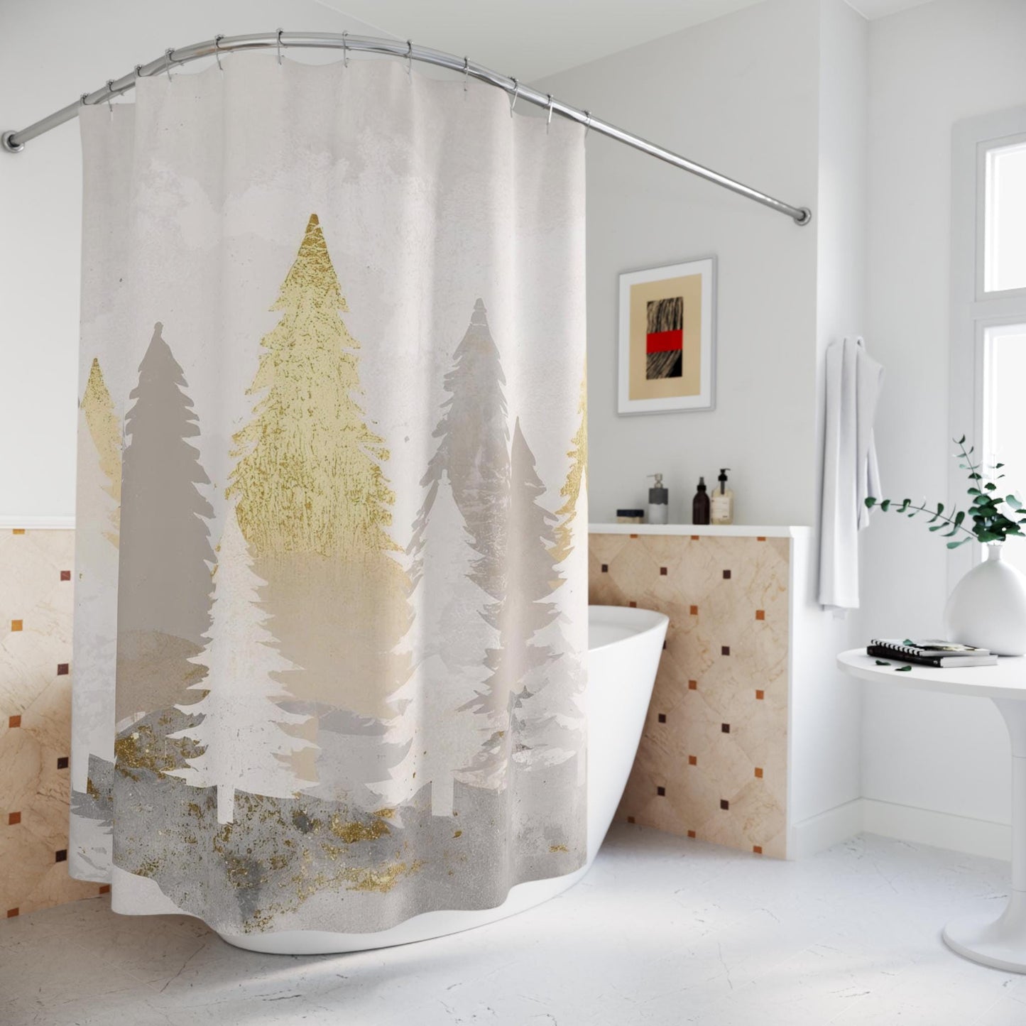 Gold & Silver Christmas Trees Shower Curtain | Winter Holiday Bathroom Decor