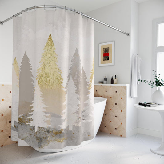 Gold & Silver Christmas Trees Shower Curtain | Winter Holiday Bathroom Decor
