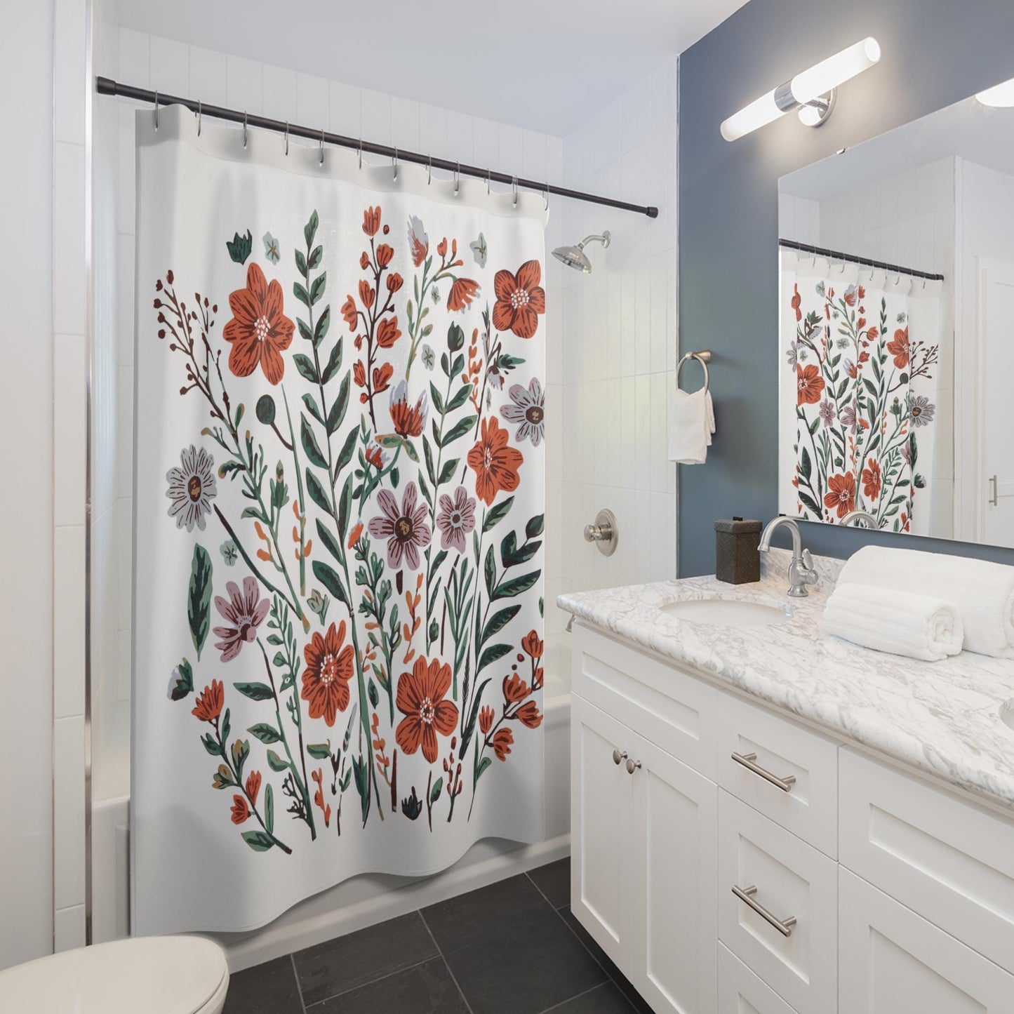 Botanical Floral Shower Curtain, Linocut Flower Designs