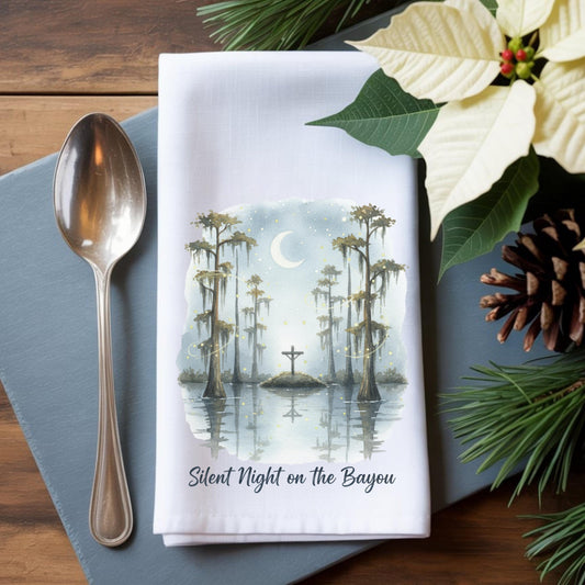Silent Night Bayou Scene Hand Towel, Cajun Christmas Decor