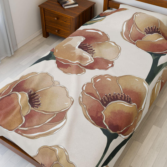 Watercolor Poppy Velveteen Plush Blanket, Peach Floral Pattern