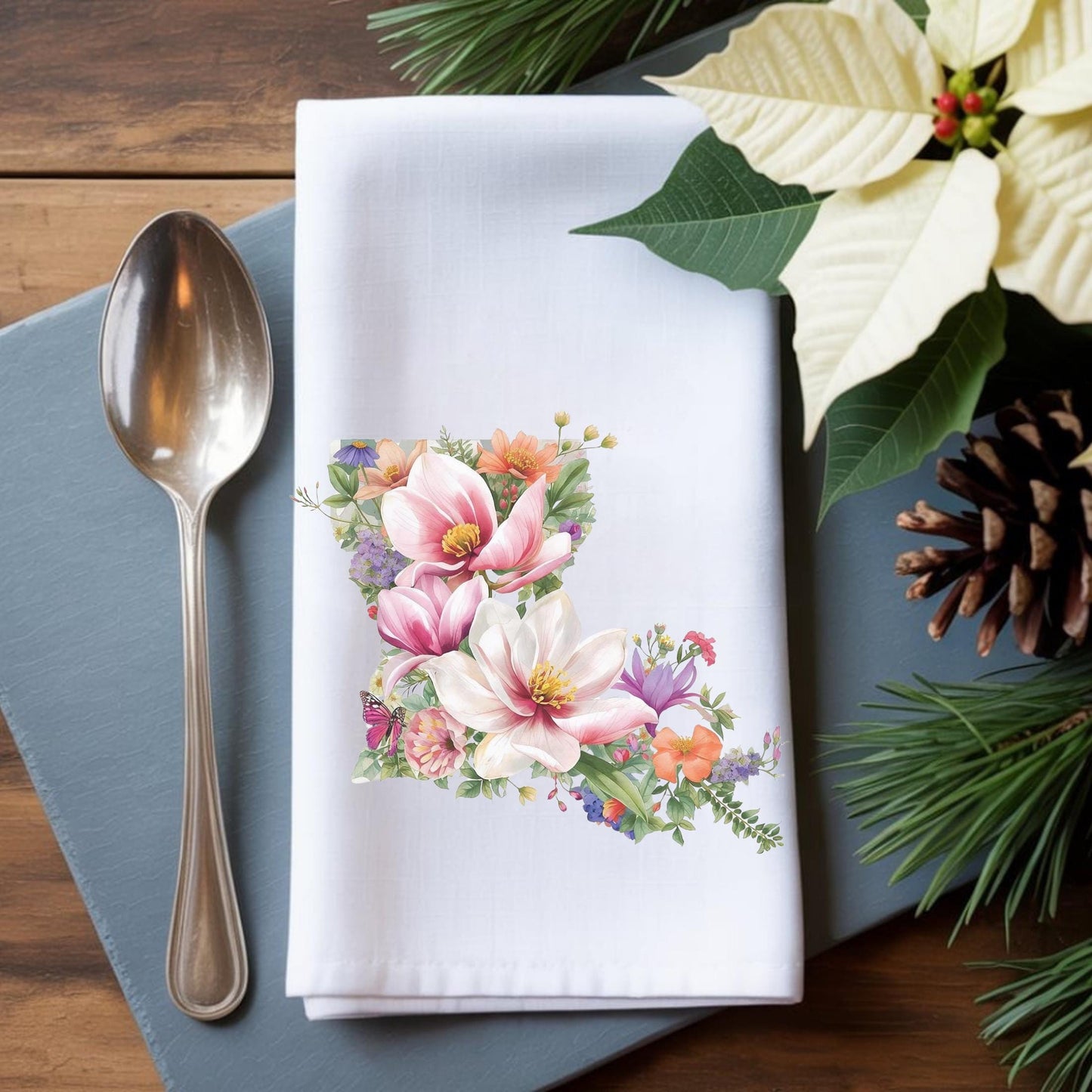 Floral Louisiana Magnolia Kitchen Towel, LA State Map